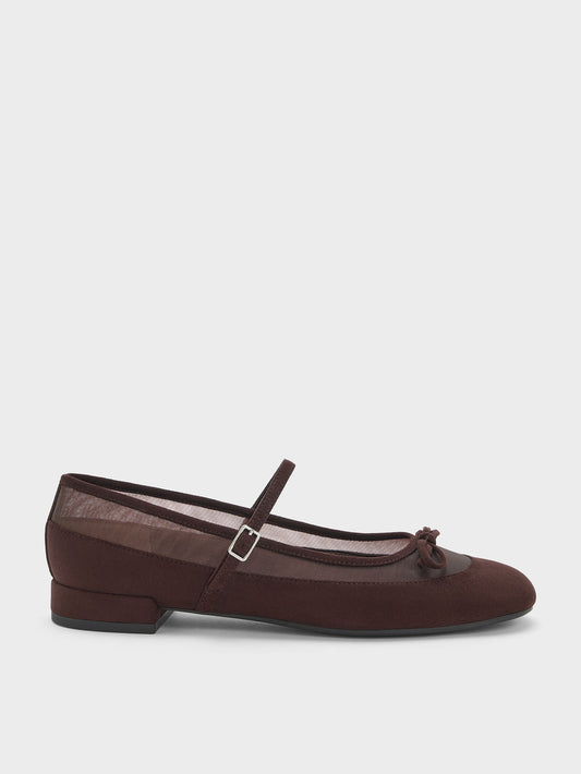 CHARLES & KEITH Quality / Mulligan Faux Suede & Mesh Mary Janes - Dark Brown Textured