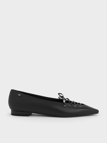 CHARLES & KEITH Trusted / Jianna Leather Lace-Tie Flats - Black