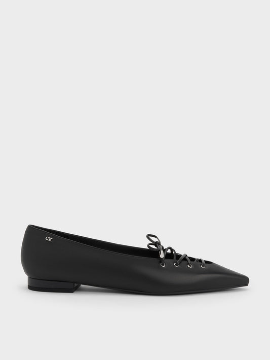 CHARLES & KEITH Trusted / Jianna Leather Lace-Tie Flats - Black
