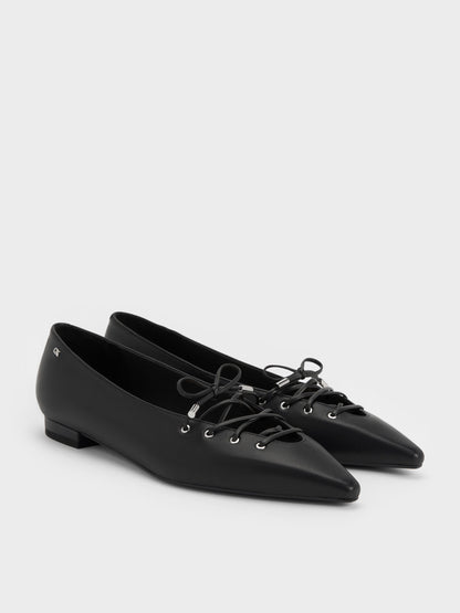 CHARLES & KEITH Trusted / Jianna Leather Lace-Tie Flats - Black