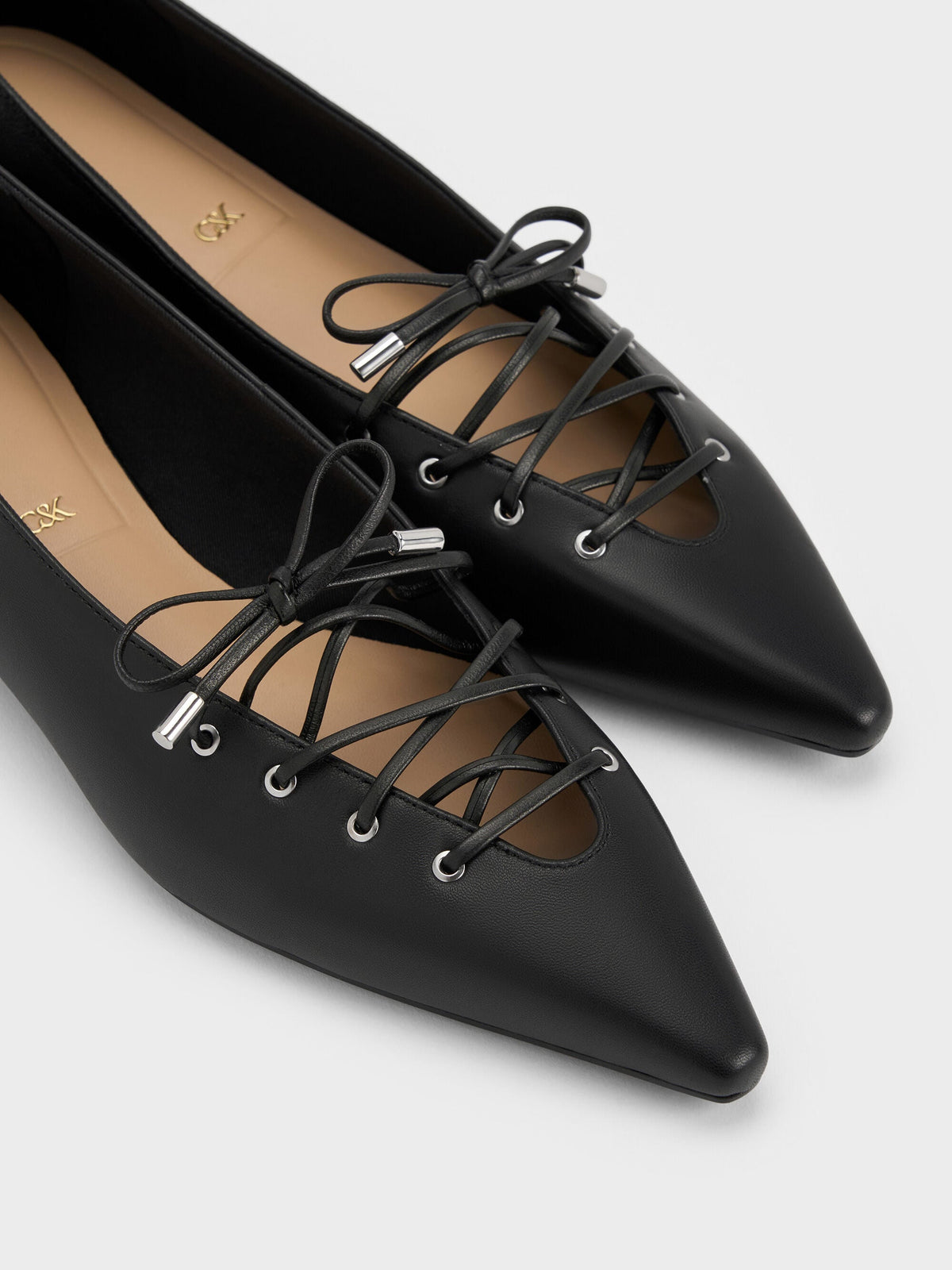 CHARLES & KEITH Trusted / Jianna Leather Lace-Tie Flats - Black