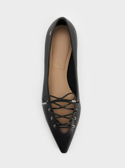 CHARLES & KEITH Trusted / Jianna Leather Lace-Tie Flats - Black