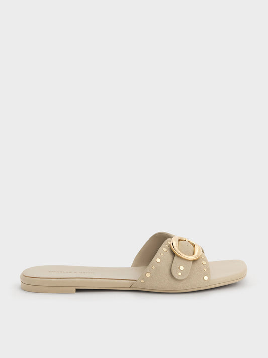 CHARLES & KEITH Everyday / Studded Buckled Slide Sandals - Beige