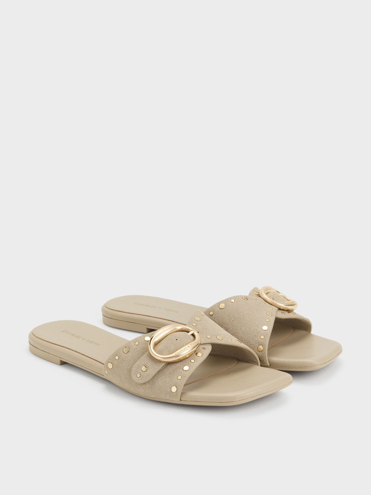 CHARLES & KEITH Everyday / Studded Buckled Slide Sandals - Beige