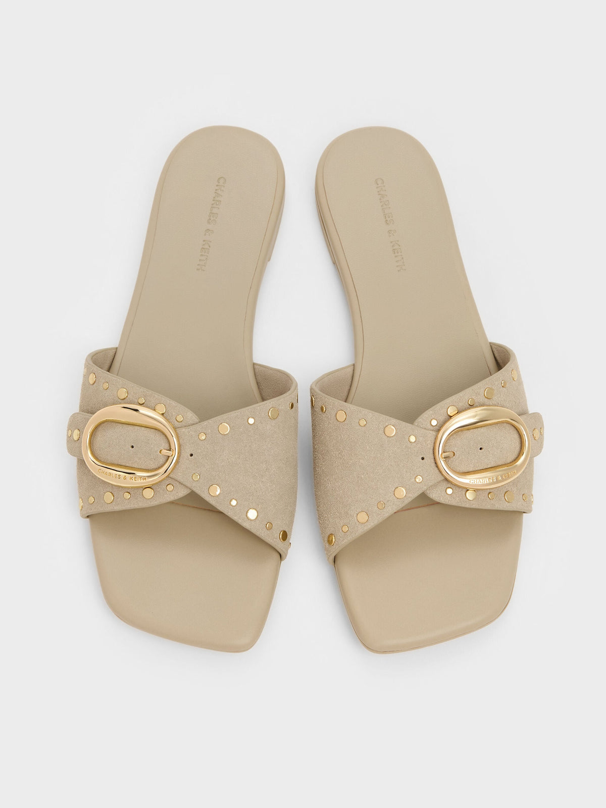 CHARLES & KEITH Everyday / Studded Buckled Slide Sandals - Beige