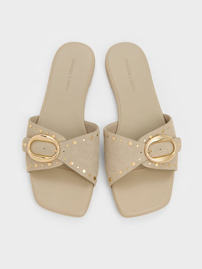 CHARLES & KEITH Everyday / Studded Buckled Slide Sandals - Beige
