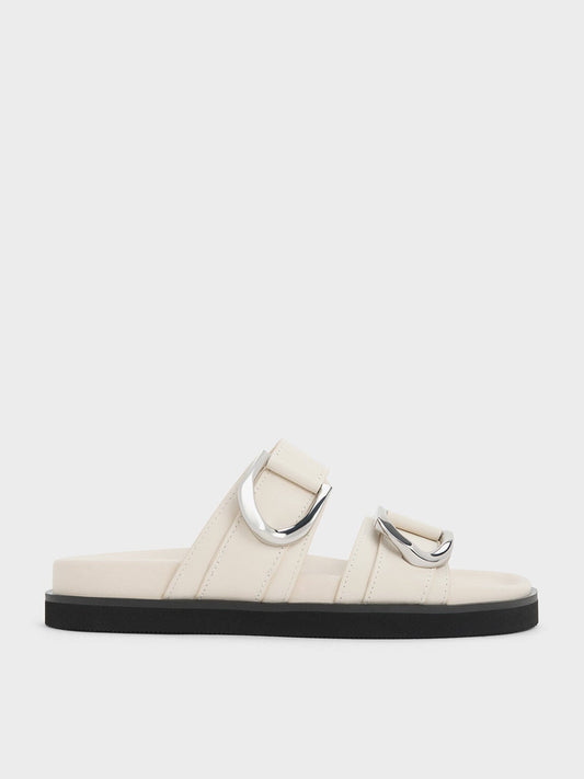 CHARLES & KEITH Trending / Gabine Silver-Buckle Leather Slides - Chalk