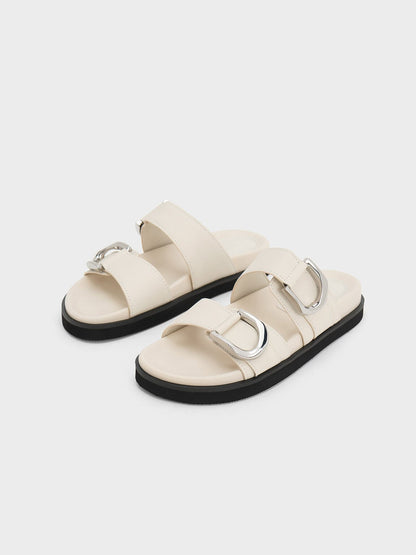 CHARLES & KEITH Trending / Gabine Silver-Buckle Leather Slides - Chalk