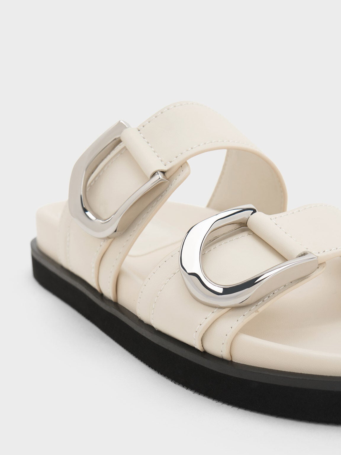 CHARLES & KEITH Trending / Gabine Silver-Buckle Leather Slides - Chalk