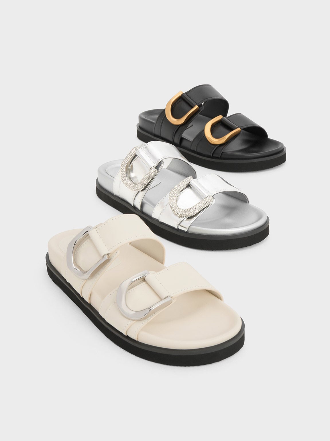 CHARLES & KEITH Trending / Gabine Silver-Buckle Leather Slides - Chalk