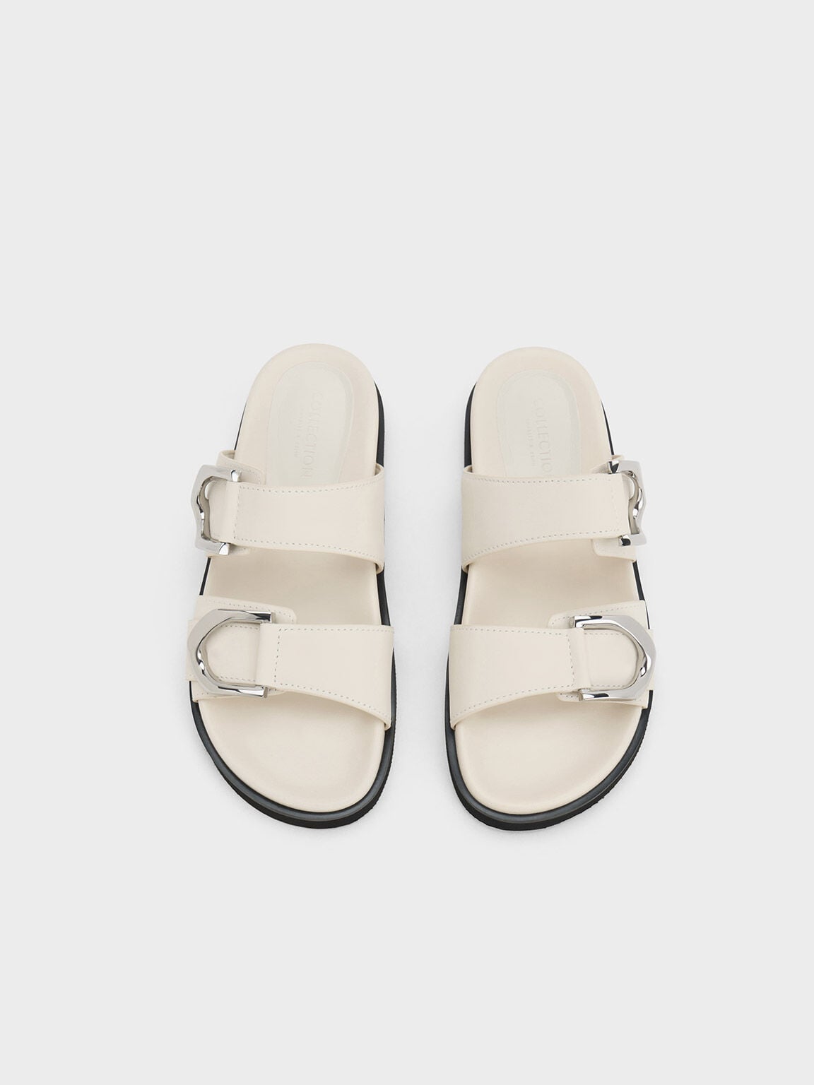 CHARLES & KEITH Trending / Gabine Silver-Buckle Leather Slides - Chalk