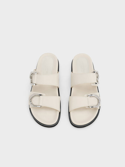 CHARLES & KEITH Trending / Gabine Silver-Buckle Leather Slides - Chalk