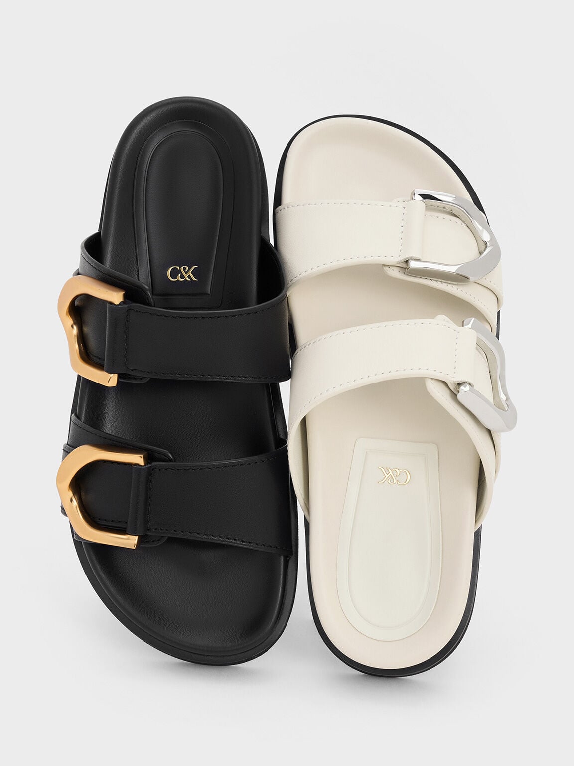 CHARLES & KEITH Trending / Gabine Silver-Buckle Leather Slides - Chalk
