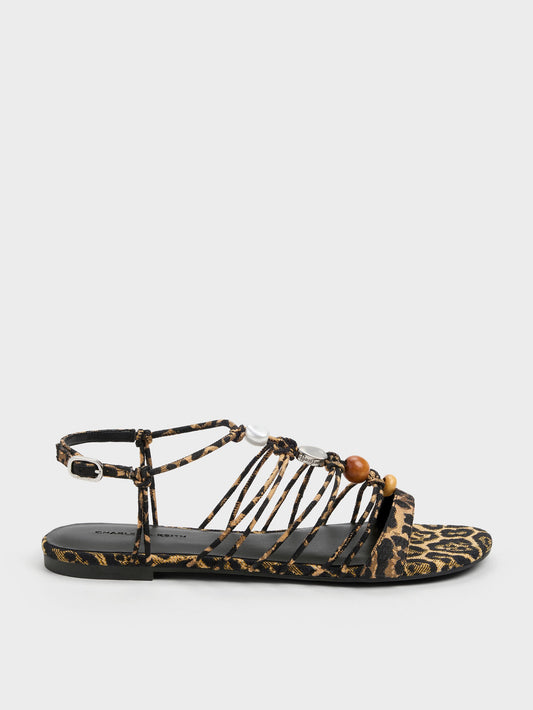 CHARLES & KEITH Classic / Georgie Leopard-Print Bead Strappy Sandals - Animal Print Natural