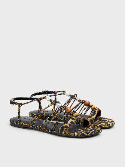 CHARLES & KEITH Classic / Georgie Leopard-Print Bead Strappy Sandals - Animal Print Natural