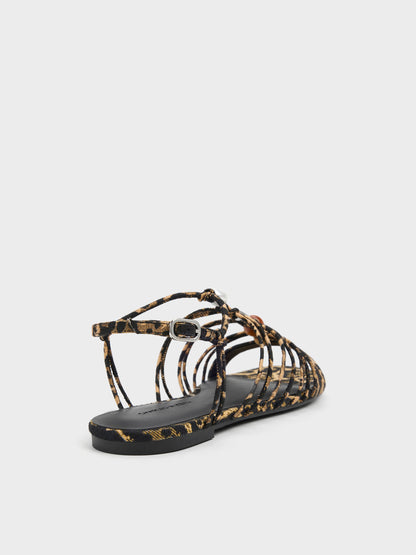 CHARLES & KEITH Classic / Georgie Leopard-Print Bead Strappy Sandals - Animal Print Natural