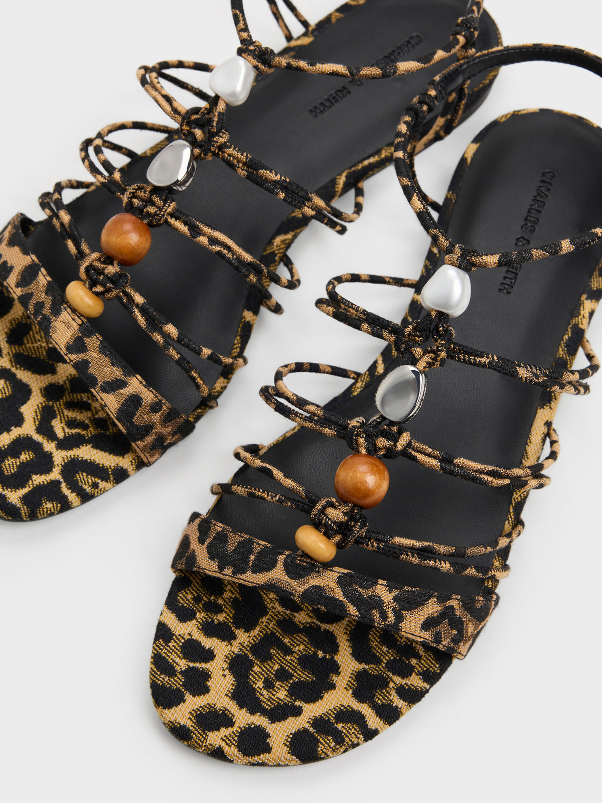CHARLES & KEITH Classic / Georgie Leopard-Print Bead Strappy Sandals - Animal Print Natural