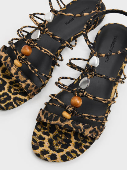 CHARLES & KEITH Classic / Georgie Leopard-Print Bead Strappy Sandals - Animal Print Natural