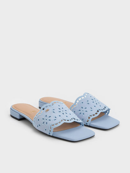 CHARLES & KEITH Trending / Leather Embroidered Slide Sandals - Light Blue