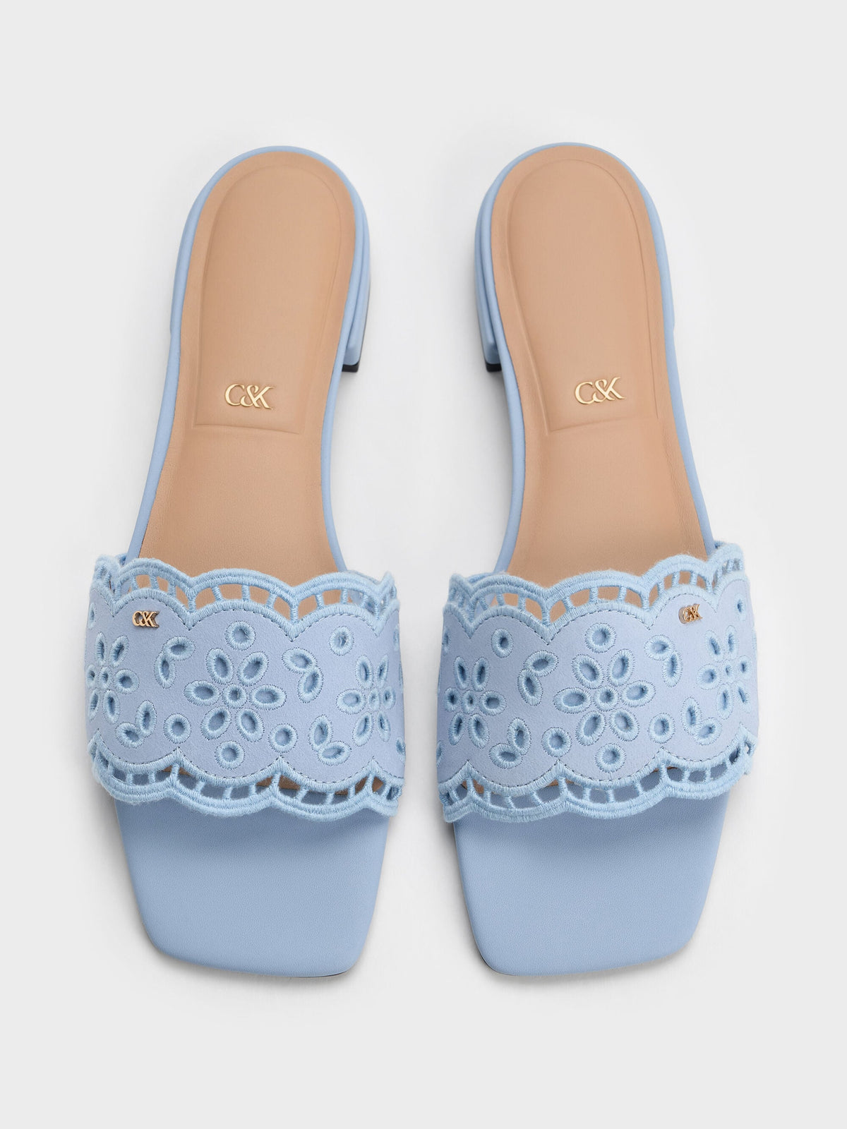 CHARLES & KEITH Trending / Leather Embroidered Slide Sandals - Light Blue