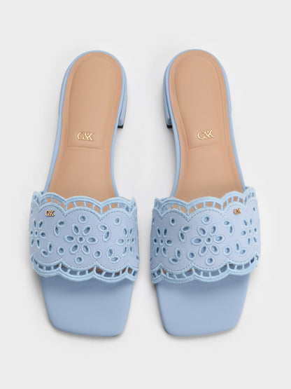 CHARLES & KEITH Trending / Leather Embroidered Slide Sandals - Light Blue