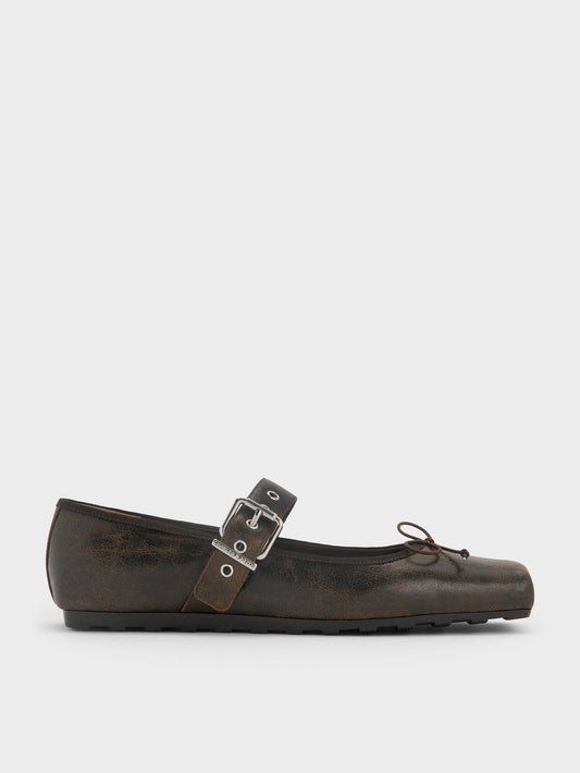 CHARLES & KEITH Essential / Myler Crinkle-Effect Bow Mary Janes - Dark Brown