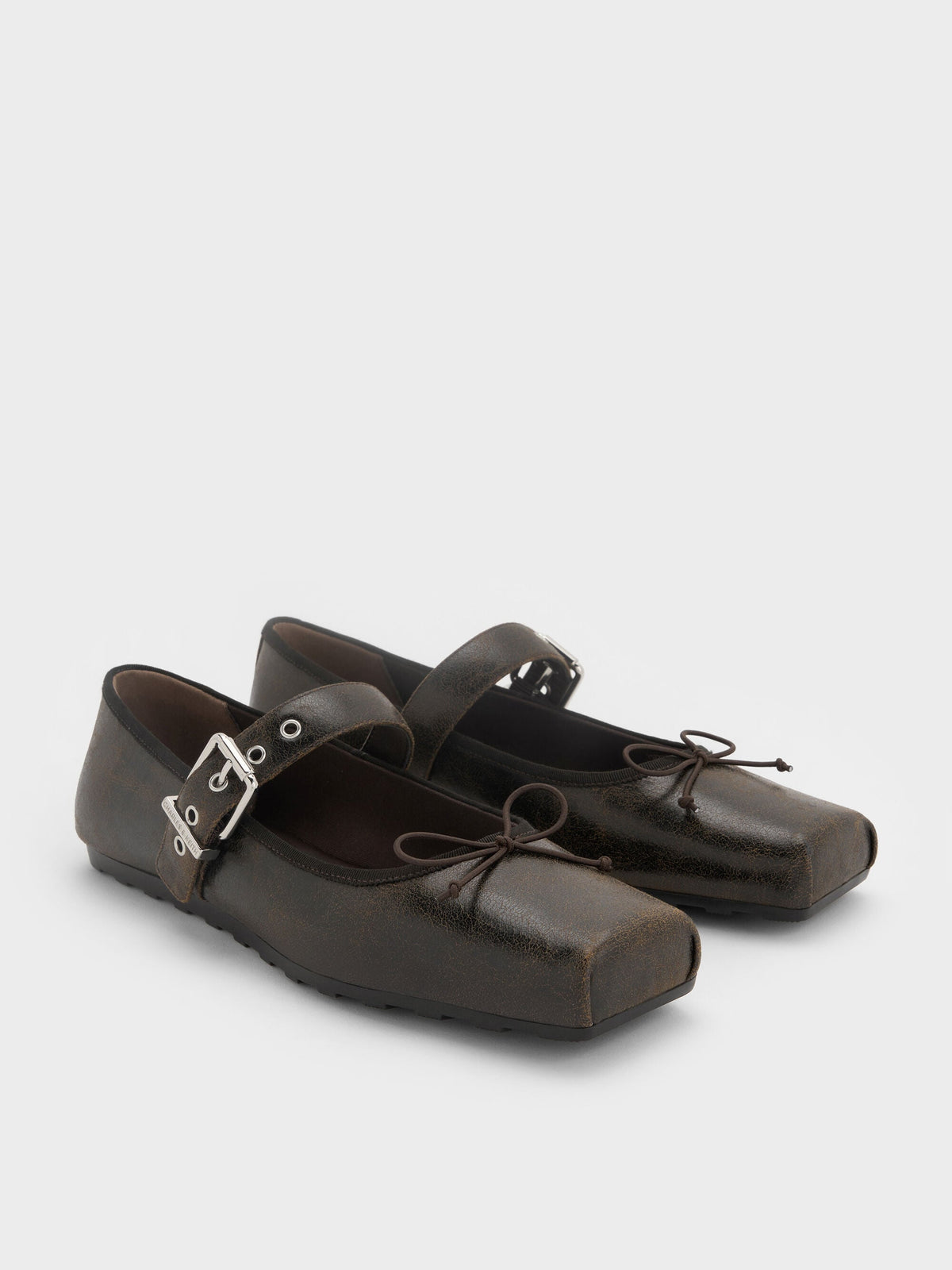 CHARLES & KEITH Essential / Myler Crinkle-Effect Bow Mary Janes - Dark Brown