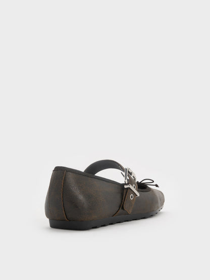 CHARLES & KEITH Essential / Myler Crinkle-Effect Bow Mary Janes - Dark Brown
