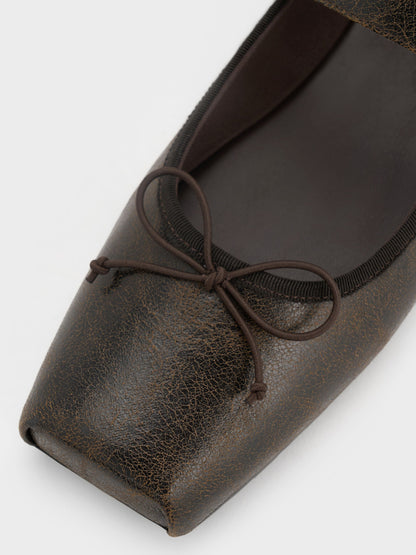 CHARLES & KEITH Essential / Myler Crinkle-Effect Bow Mary Janes - Dark Brown