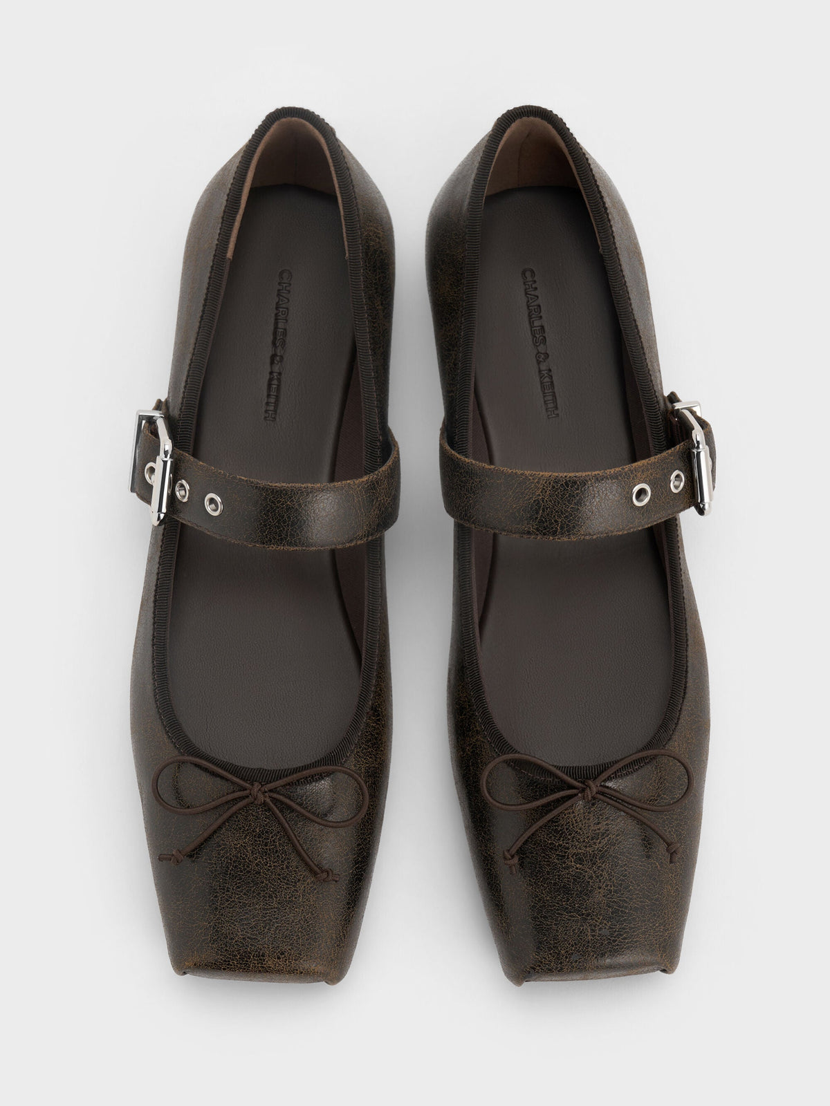 CHARLES & KEITH Essential / Myler Crinkle-Effect Bow Mary Janes - Dark Brown