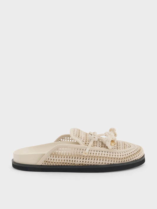 CHARLES & KEITH Sale / Crochet & Suede Flower Mules - Chalk