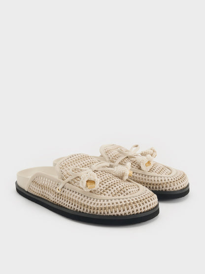 CHARLES & KEITH Sale / Crochet & Suede Flower Mules - Chalk