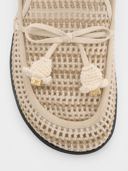 CHARLES & KEITH Sale / Crochet & Suede Flower Mules - Chalk