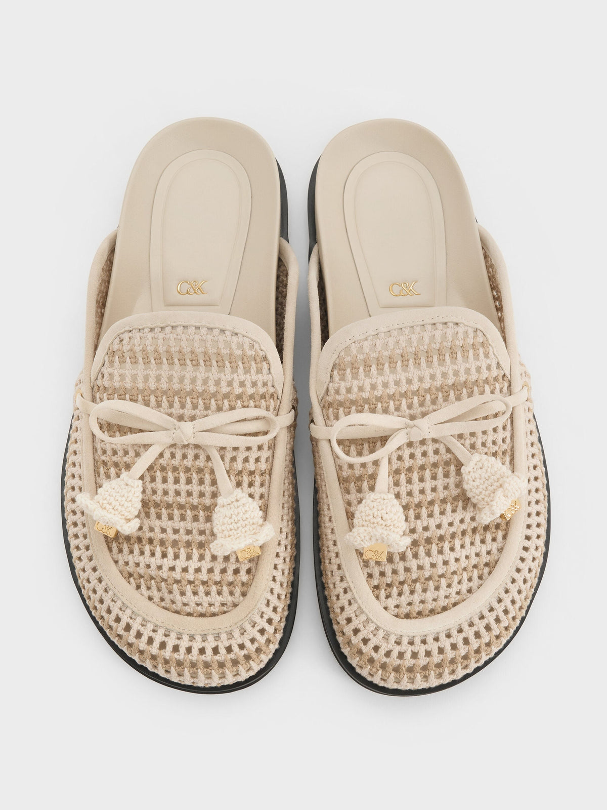 CHARLES & KEITH Sale / Crochet & Suede Flower Mules - Chalk