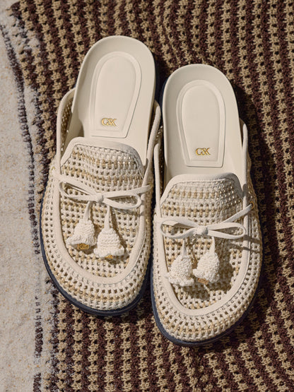 CHARLES & KEITH Sale / Crochet & Suede Flower Mules - Chalk
