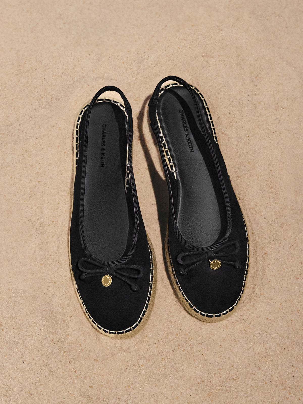 CHARLES & KEITH Discount / Faux Suede Bow Slingback Espadrilles - Black Textured