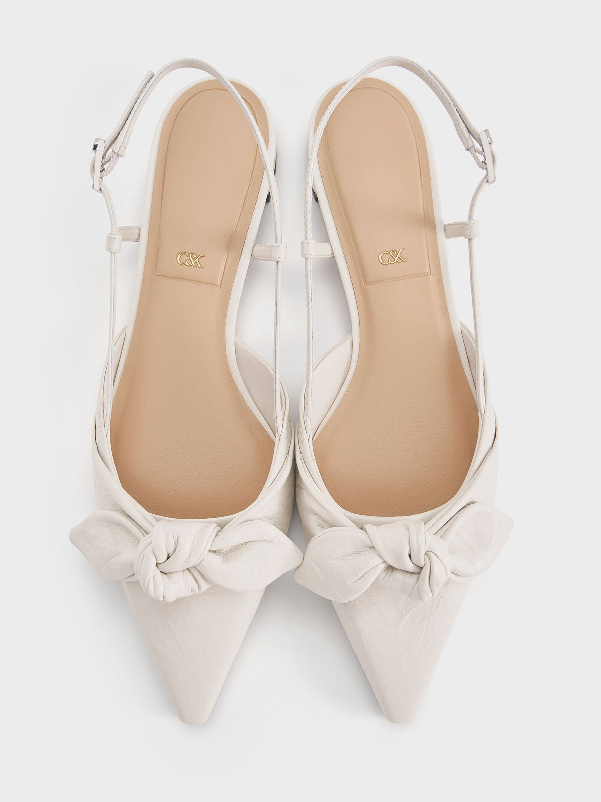 CHARLES & KEITH Trending / Jayce Leather Knot-Bow Slingback Flats - White