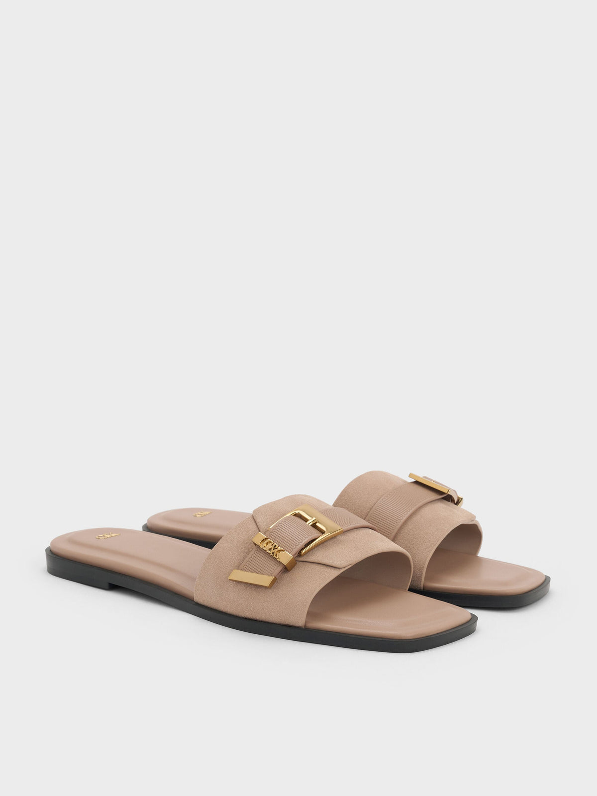 CHARLES & KEITH Popular / Whitney Suede & Leather Slide Sandals - Taupe