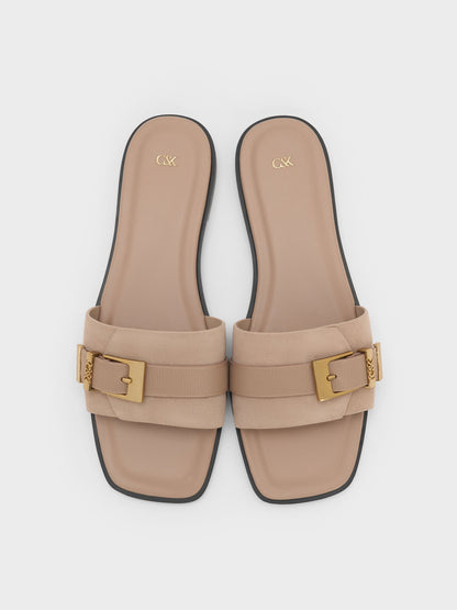 CHARLES & KEITH Popular / Whitney Suede & Leather Slide Sandals - Taupe