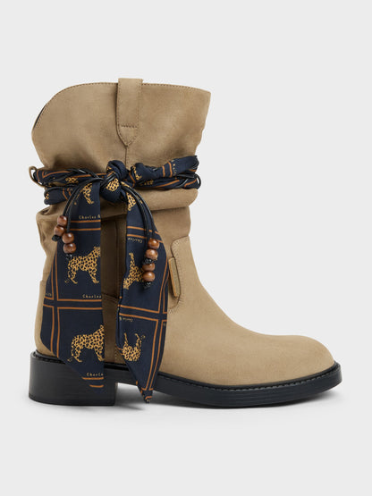 CHARLES & KEITH Essential / Faux Suede Printed-Scarf Calf Boots - Khaki