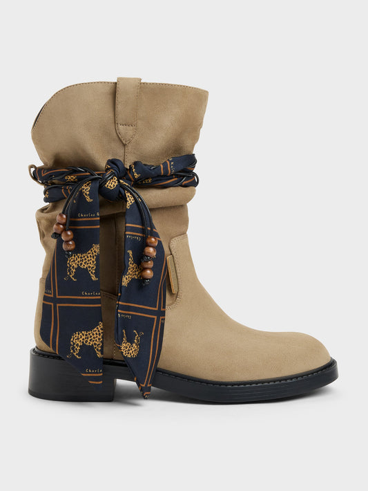 CHARLES & KEITH Essential / Faux Suede Printed-Scarf Calf Boots - Khaki