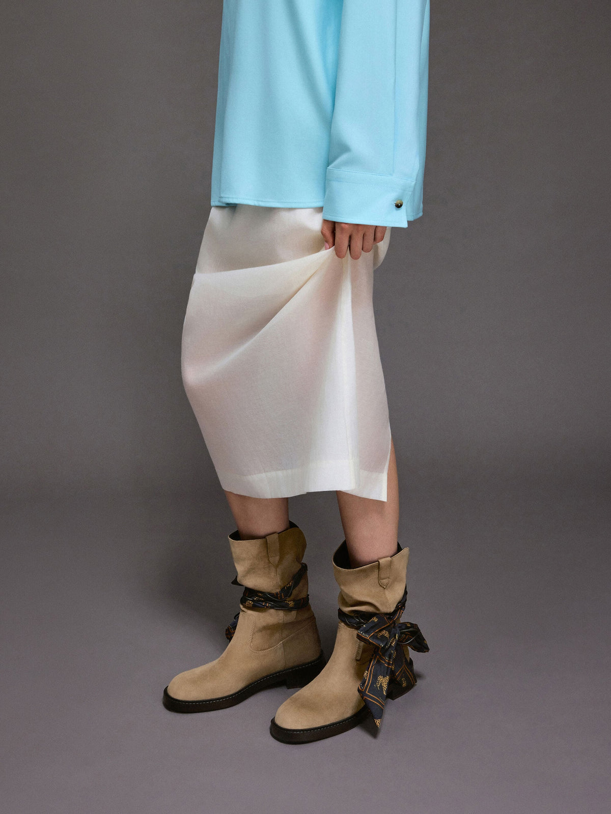 CHARLES & KEITH Essential / Faux Suede Printed-Scarf Calf Boots - Khaki