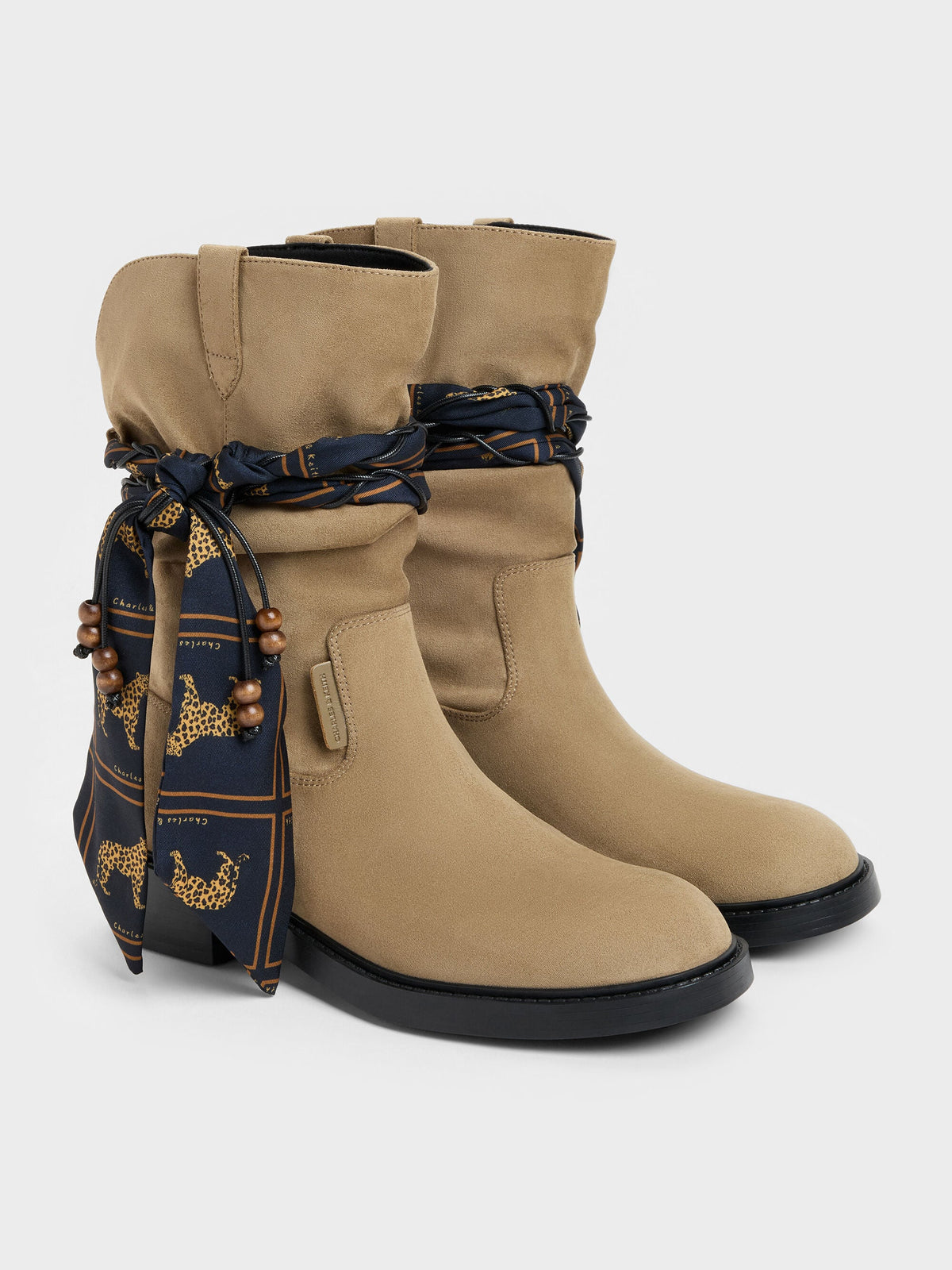 CHARLES & KEITH Essential / Faux Suede Printed-Scarf Calf Boots - Khaki