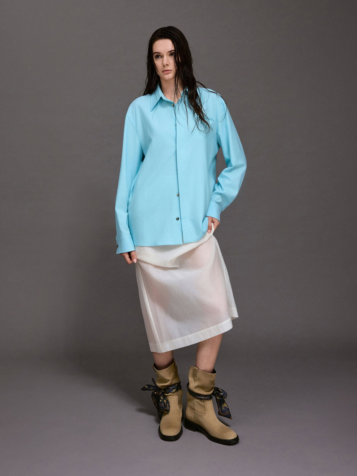 CHARLES & KEITH Essential / Faux Suede Printed-Scarf Calf Boots - Khaki