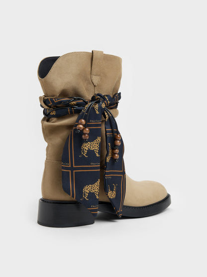 CHARLES & KEITH Essential / Faux Suede Printed-Scarf Calf Boots - Khaki