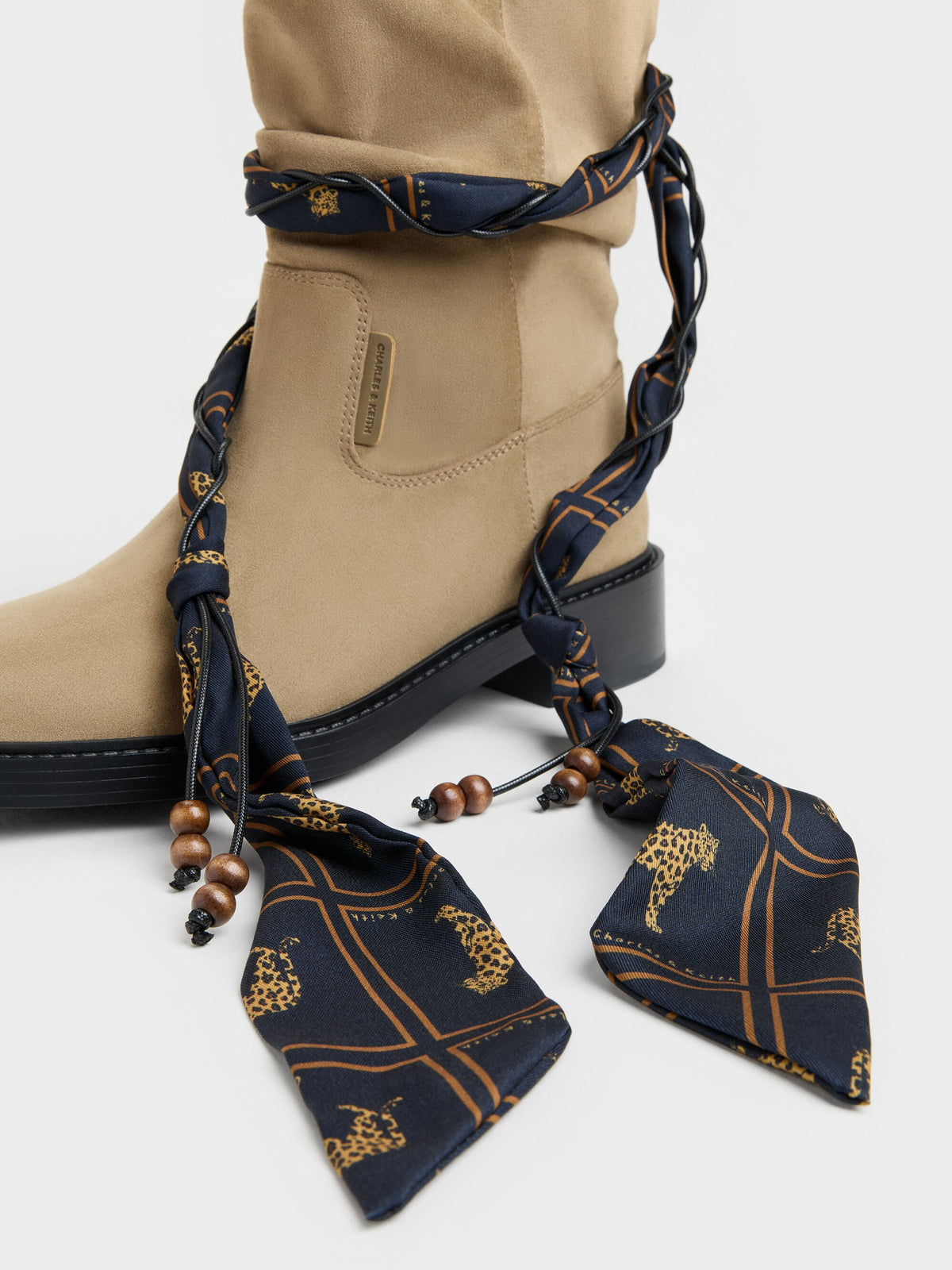 CHARLES & KEITH Essential / Faux Suede Printed-Scarf Calf Boots - Khaki
