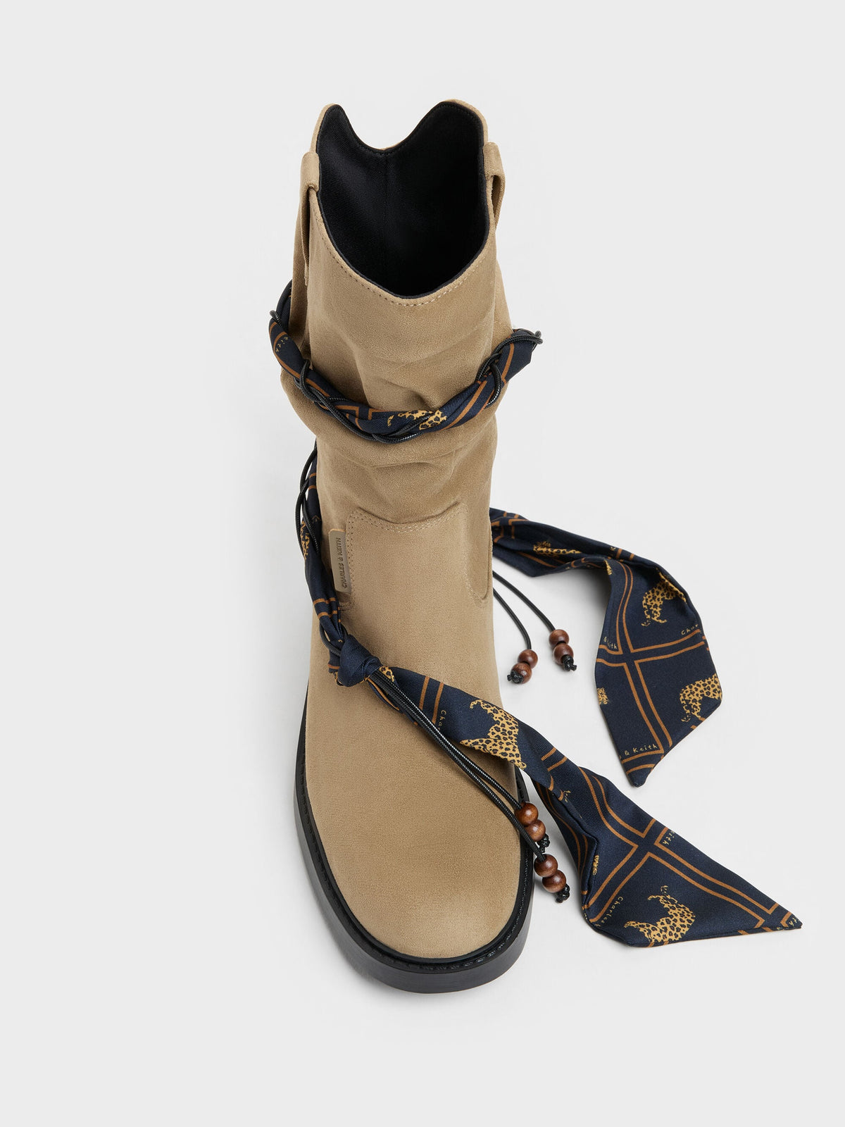 CHARLES & KEITH Essential / Faux Suede Printed-Scarf Calf Boots - Khaki
