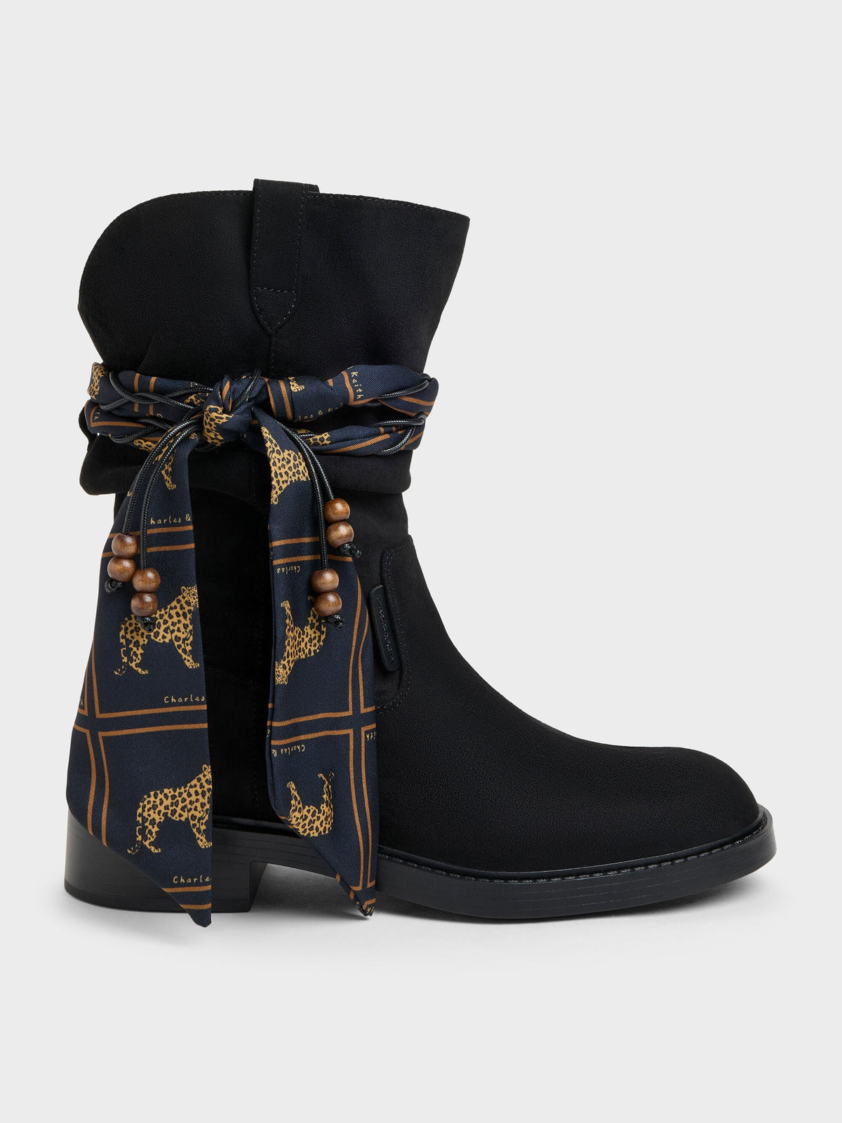 CHARLES & KEITH Best Seller / Faux Suede Printed-Scarf Calf Boots - Black Textured