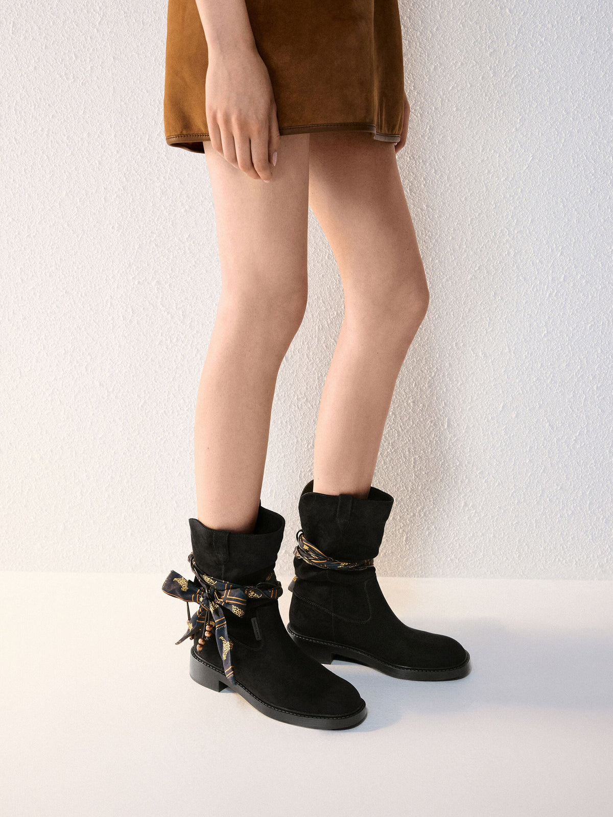CHARLES & KEITH Best Seller / Faux Suede Printed-Scarf Calf Boots - Black Textured