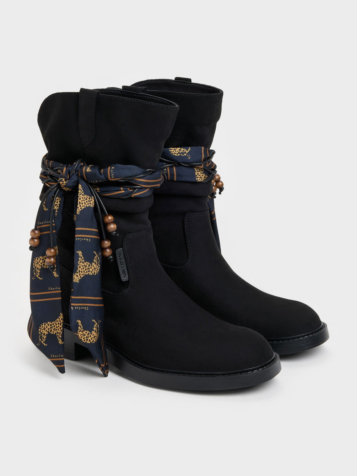 CHARLES & KEITH Best Seller / Faux Suede Printed-Scarf Calf Boots - Black Textured